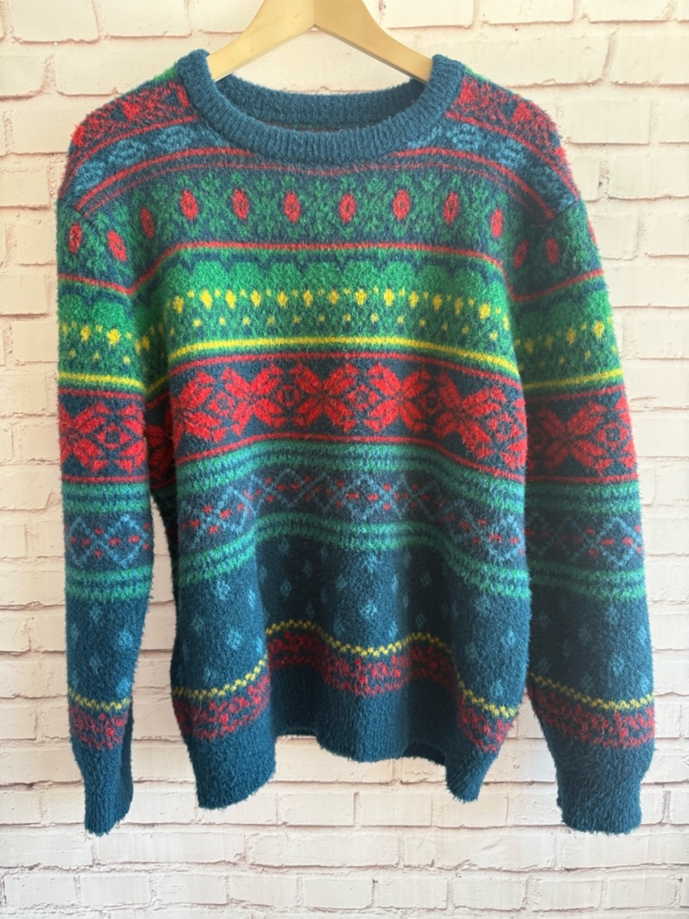 Original Use Multicolor Fair Isle Crewneck Sweater - Teal, Red, Green, Yellow